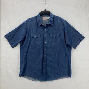 Saddle King Western Shirt Mens 2XL Blue Denim Pearl Snap Short Sleeve USA Cowboy
